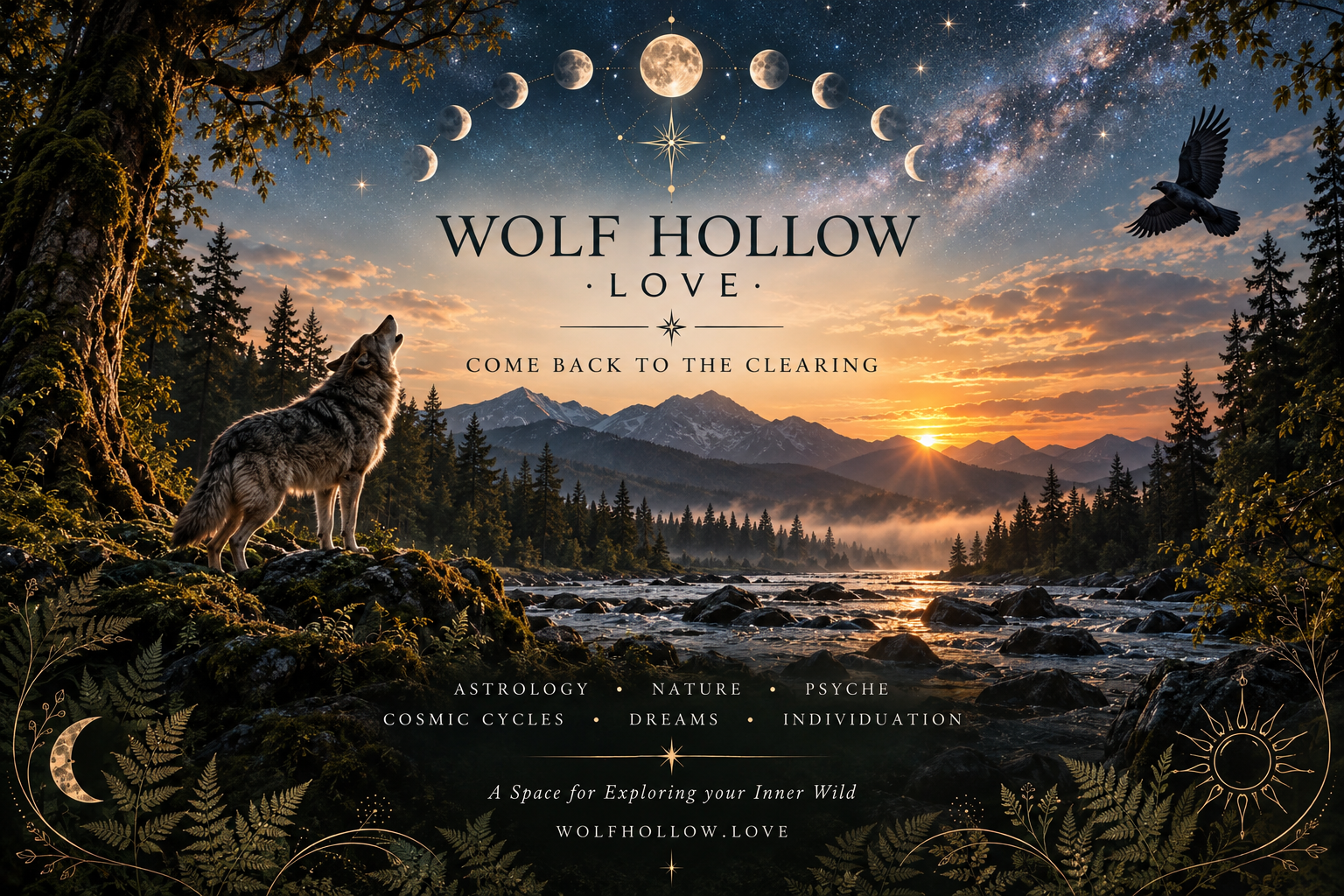 A grey wolf drinking from a still West Coast lake at dusk beneath a small bright star, its light gently reflected in the water, surrounded by moss-covered trees and ferns