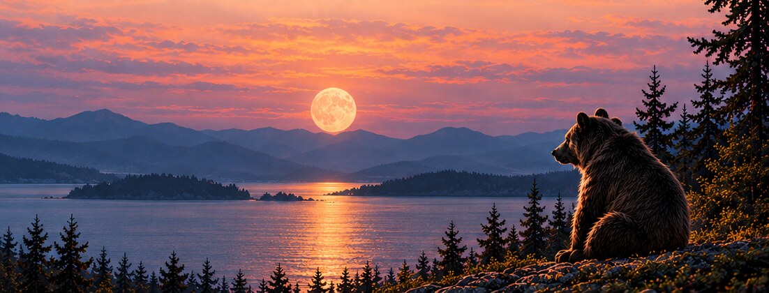 Dusk landscape over still water and forested hills