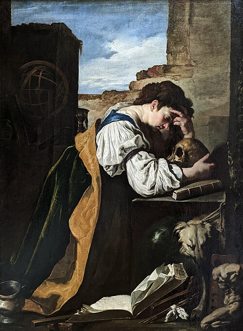Domenico Fetti’s Melancholy, depicting a contemplative woman holding a skull beside an open book.
