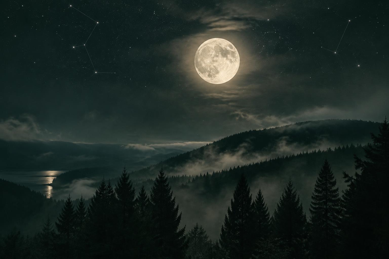 Full moon glowing through mist over a dark forested valley, moonlight reflecting on the water, with faint constellation lines traced between the stars