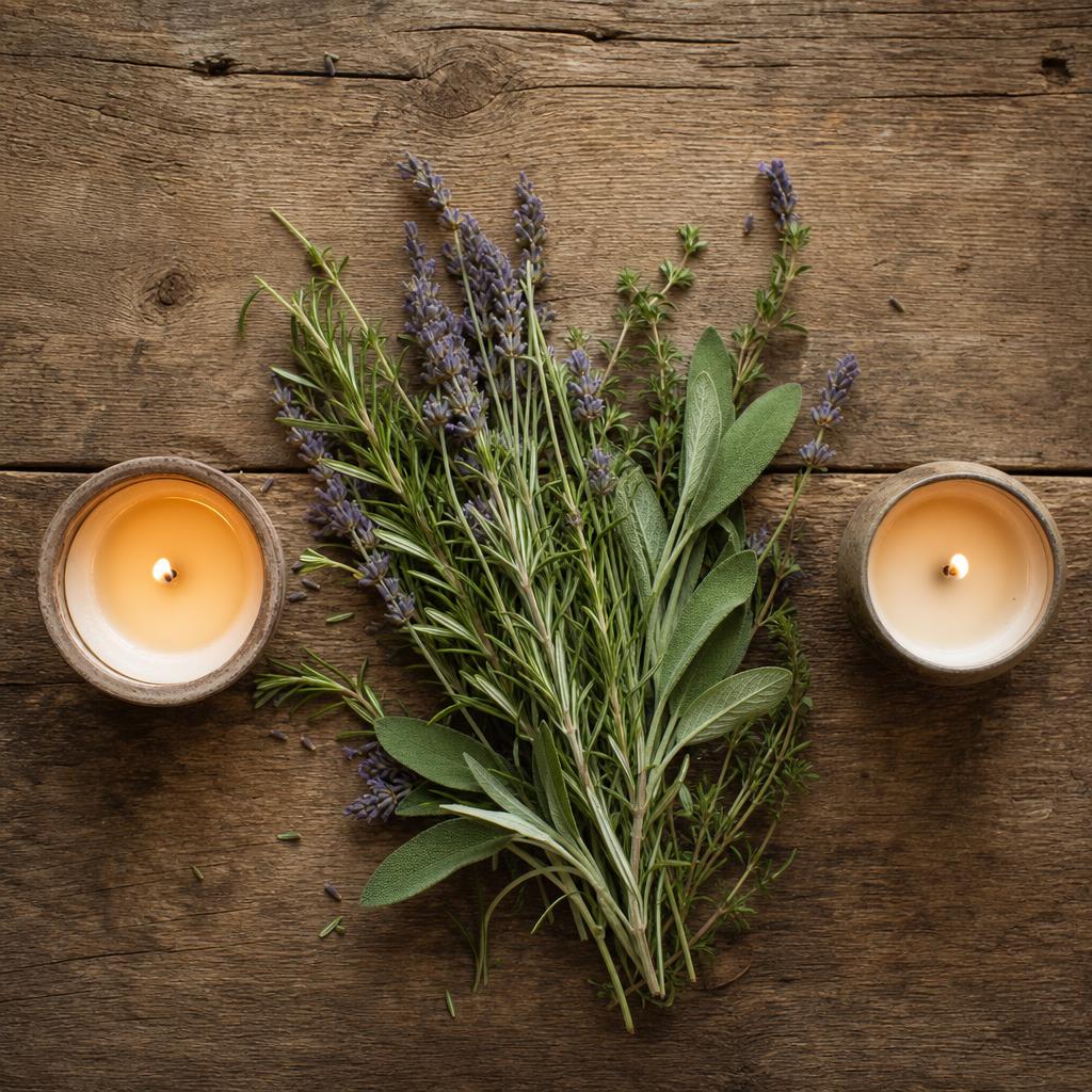 Overhead view of two lit candles on opposite ends of a wooden table with loose rosemary, sage, and lavender arranged between them